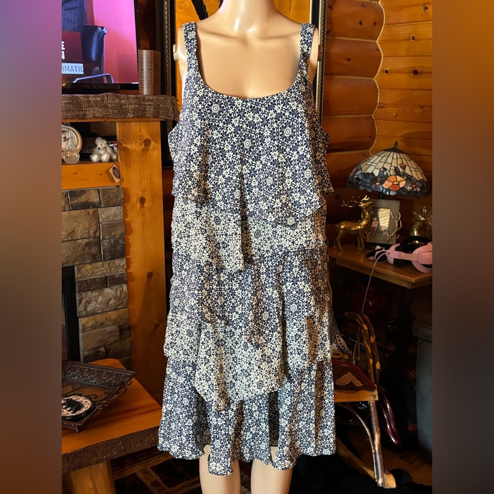 Robbie Bee Shift Dress Tiered Layered Ruffle Geometric Navy Blue Ivory 12